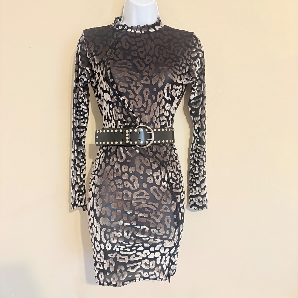 Valiant Paris Womens Grey Leopard Print Velvet Mini Dress Large Made in France